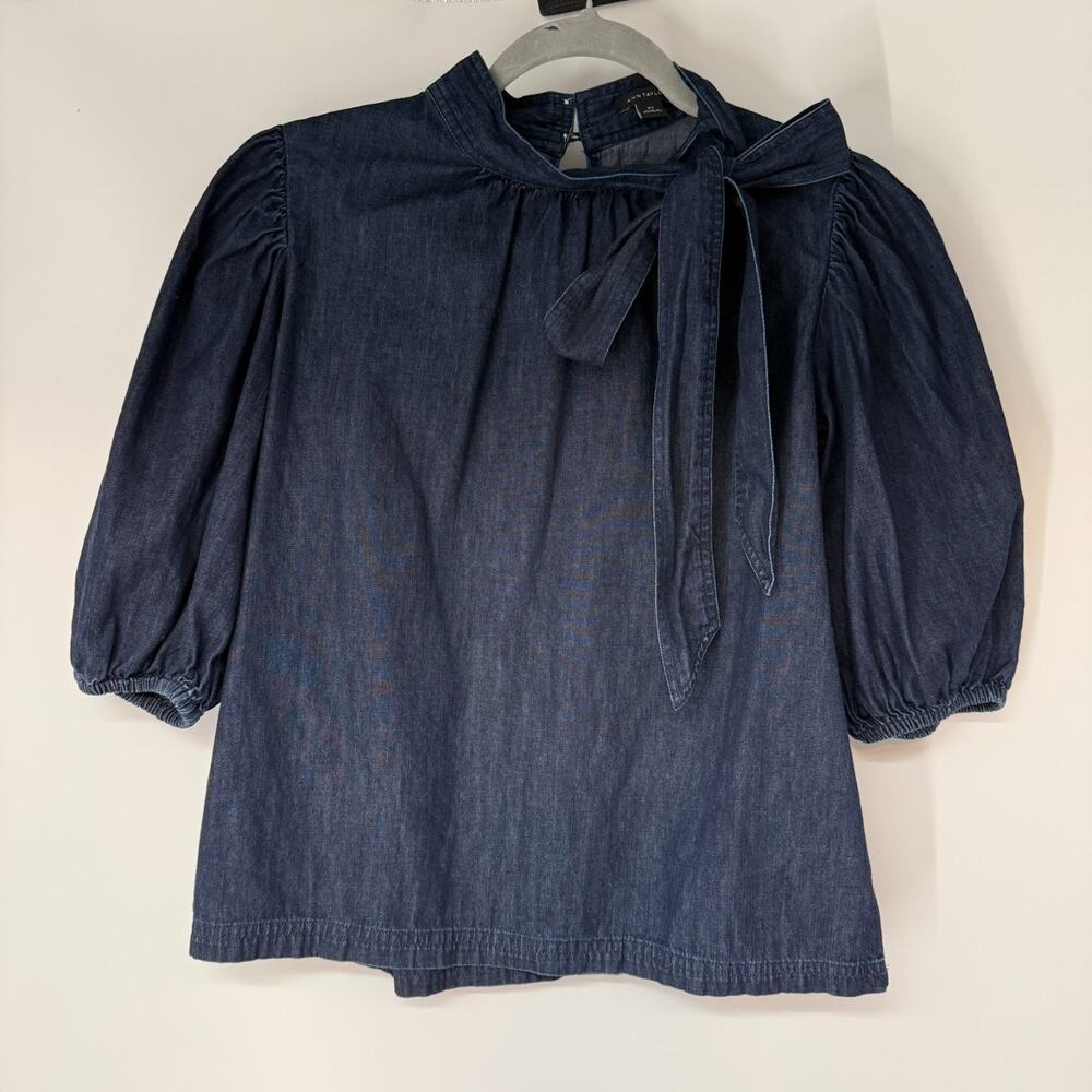 Ann Taylor Short Puff Sleeve Tie Neck Blouse Womens XS Dark Blue Denim Chambray